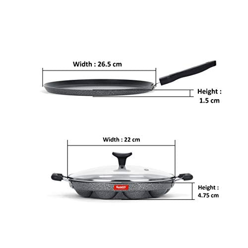 Sumeet NonStick Argent Cookware Set (Dosa Tawa - 26.5Cm Dia + Grill Appam Patra with Glass Lid - 12 Cavity - 22cm Dia)