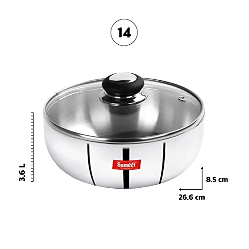 Sumeet 3mm Induction Bottom Aluminium Tasra with Glass Lid (3.6Ltr, 26.6cm)