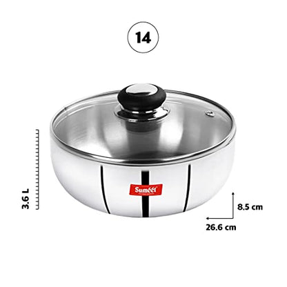 Sumeet 3mm Induction Bottom Aluminium Tasra with Glass Lid (3.6Ltr, 26.6cm)