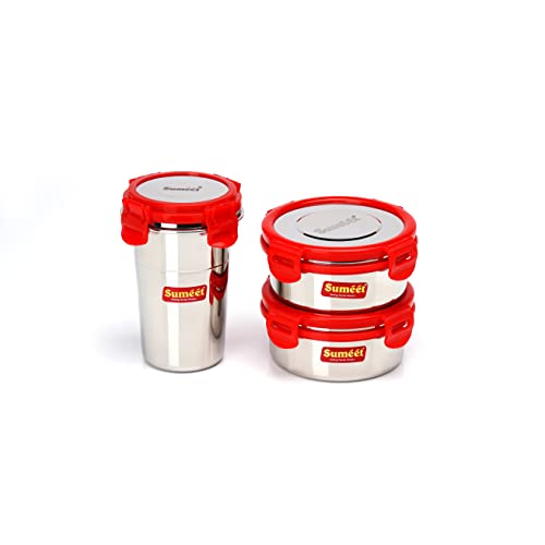 Sumeet Red Meal Statinless Steel Lunch Box Combo 2 Container (350Ml), 1 Tumbler (400Ml)