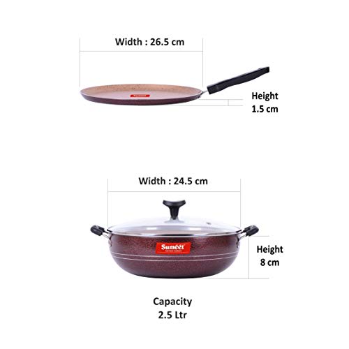 Sumeet Nonstick Granite Finish Popular 2pc Combo Set (Dosa Tawa - 26.5cm Dia + Kadhai with Glass Lid - 2.5 LTR Capacity - 24.5cm Dia)