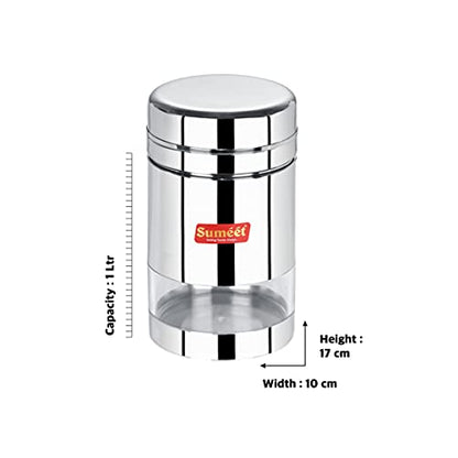 Sumeet Stainless Steel Circular See Through / Transparent Container, Set of 4Pc, 1 Ltr each, 10cm Dia, Silver