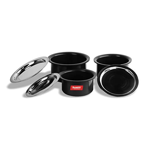 Sumeet Aluminium Cookware Set With Lid, 0.9 LTR, 1.4 LTR, 1.8 LTR, 5 Piece (Black)