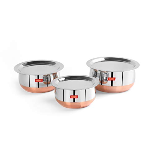 Sumeet Stainless Steel Copper Bottom Belly Shape 3 Pc Tope / Cookware/ Pot Set with Lid 380ML, 500ML, 780ML, (Silver)