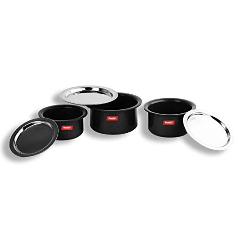 Sumeet Aluminium Cookware Set With Lid, 0.9 LTR, 1.4 LTR, 1.8 LTR, 5 Piece (Black)