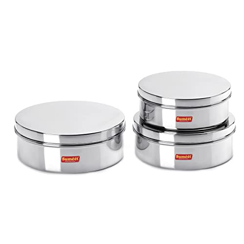 Sumeet Stainless Steel Flat Canisters/Puri Dabba/Storage Containers Set of 3Pcs (1.5Ltr,2.1Ltr,2.7Ltr)