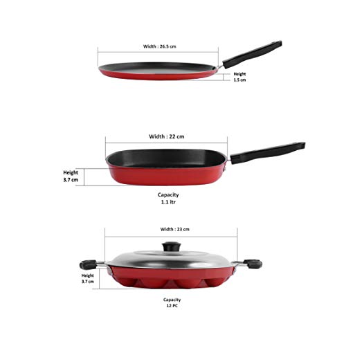 Sumeet 2.6mm Thick Non-Stick Maroon Combo Set (Dosa Tawa – 26.5cm Dia + Grill Appam Patra with Lid – 23cm Dia + Grill Pan – 1.1Ltr Capacity – 22cm Dia)