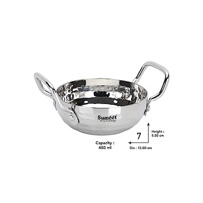 Sumeet Stainless Steel Handcrafted Hammered Mathar Kadai for Kitchen, Small Size, 450ML, 12cm Dia, Pack of 1, Silver