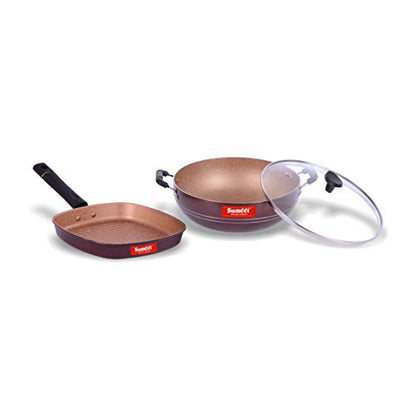 Sumeet Nonstick Granite Finish 2pc Splendor Cookware Set (Grill Pan 22cm Dia + Kadhai with Glass Lid - 2.5 LTR Capacity - 24.5cm Dia)