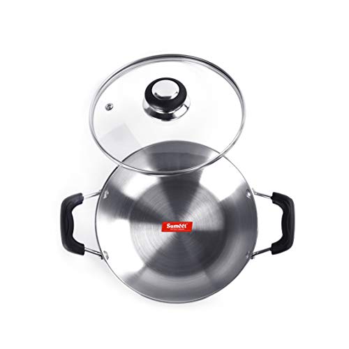 Sumeet 3mm Induction Bottom Aluminium Kadai with Glass Lid ( Silver, 2.3Ltr, 22.2cm).