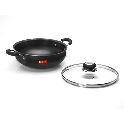 Sumeet Pre Seasoned Iron Kadai 2.5mm Thick with Glass Lid (Double Side Handle) 22.8 cm, 2.3Ltr