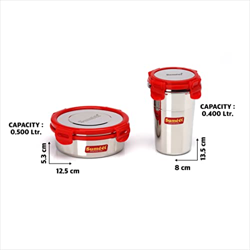 Sumeet Red Meal Statinless Steel Lunch Box Combo 3 Container (500Ml), 1 Tmbler (400Ml)