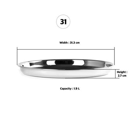 Sumeet Stainless Steel Heavy Gauge Deep Wall Dinner Plates with Mirror Finish 31.3cm Dia - Set of 2pc