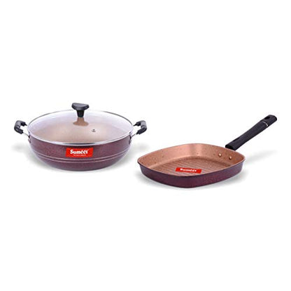 Sumeet Nonstick Granite Finish 2pc Splendor Cookware Set (Grill Pan 22cm Dia + Kadhai with Glass Lid - 2.5 LTR Capacity - 24.5cm Dia)