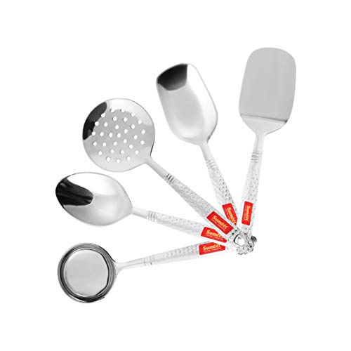 Sumeet Stainless Steel Small Serving and Cooking Spoon Set of 5pc (1 Turner, 1 Serving Spoon, 1 Skimmer, 1 Basting Spoon, 1 Ladle)