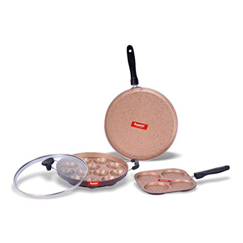 Sumeet Viva Aluminium Smart Cookware Set (mini Multi Snack Maker, Dosa Tawa, Grill Appam Patra With Glass Lid), 3 Piece (Peach)