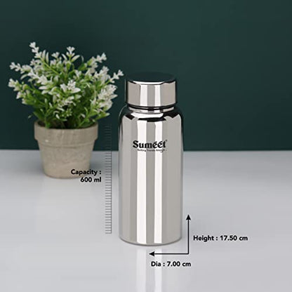 Sumeet Stainless Steel Jointless Akhand Leak-Proof Water Bottle / Fridge Bottle - 600ML Pack of 2, Silver