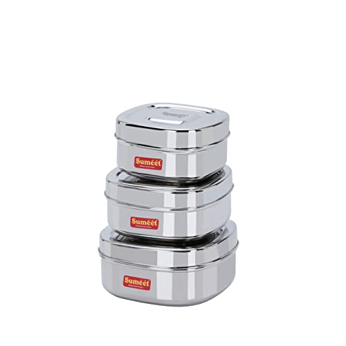 Sumeet Stainless Steel Square Storage containers Box/Dabba for Kitchen, Set of 3Pcs,550ml, 700ml & 1000ml, 11cm, 12.5cm Dia & 14.5cm, Silver