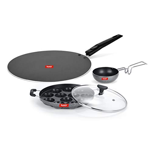 Sumeet NonStick Gris Cookware Set (Flat Tawa - 30.5cm Dia + Grill Appam Patra with Glass Lid - 12 Cavity - 22cm Dia + Waghariya/Tadka pan - 190Ml - 10Cm Dia)