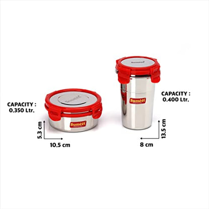 Sumeet Red Meal Statinless Steel Lunch Box Combo 3 Container (350Ml), 1 Tumbler (400Ml)