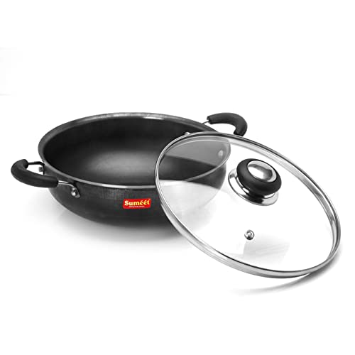 Sumeet Pre Seasoned Iron Kadai 2.5mm Thick with Glass Lid (Double Side Handle) 25.2 cm, 3Ltr