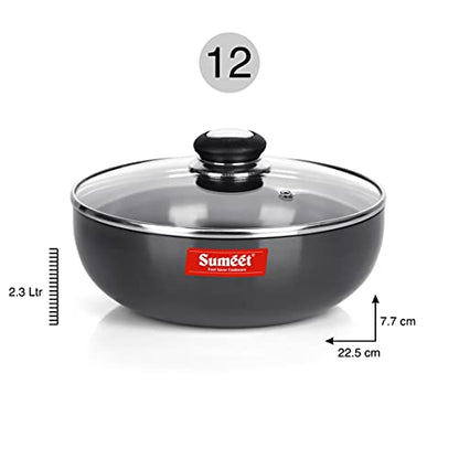 Sumeet 3mm Hard Anodized Deep Tasla with Glass Lid Size No. - 12 (22.5cm Dia. 2.3 LTR Capacity)