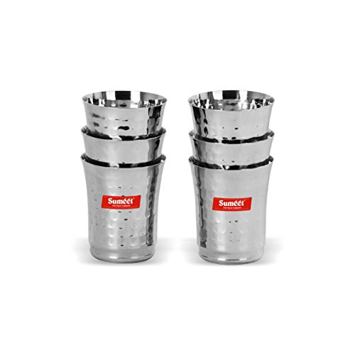 Sumeet Stainless Steel Handcrafted Hammered Texture 6 pc Glass Set (Capacity - 300Ml Each)