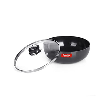 Sumeet 3mm Hard Anodized Deep Tasla with Glass Lid Size No. - 11 (20cm Dia. 1.8 LTR Capacity)