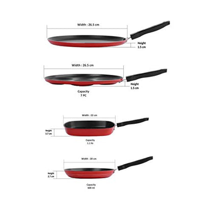 Sumeet 2.6mm Thick Non-Stick Merah Cookware Set (Dosa Tawa – 26.5cm Dia + Multi Snack Maker – 26.5cm Dia + Grill Pan – 1.1Ltr Capacity – 22cm Dia + Tapper pan – 20cm Dia)