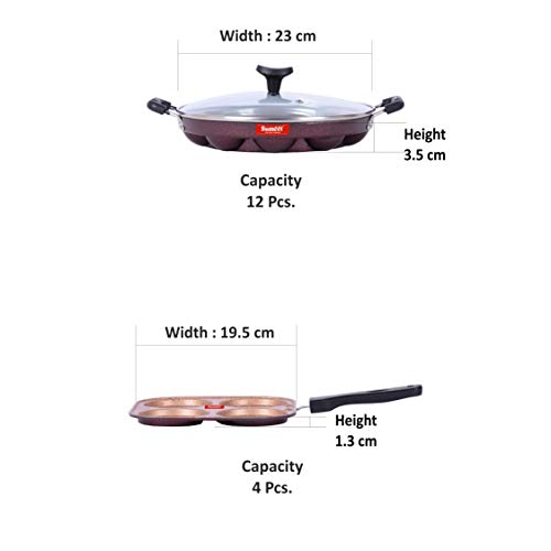 Sumeet Nonstick Granite Finish Edge Combo Set (Mini Multi Snack Maker - 4 Cavity - 19.5cm Dia + Grill Appam Patra with Glass Lid - 12 Cavity - 23cm Dia)