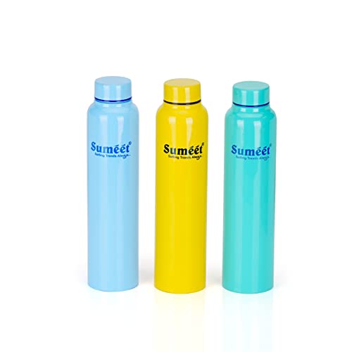 Sumeet Stainless Steel Multi Colored Leak-Proof Water Bottle/Fridge Bottle - 1000ml - Pack of 3