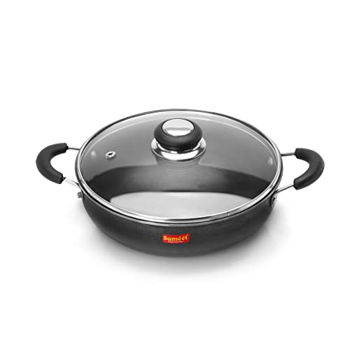 Sumeet Pre Seasoned Iron Kadai 2.5mm Thick with Glass Lid (Double Side Handle) 25.2 cm, 3Ltr