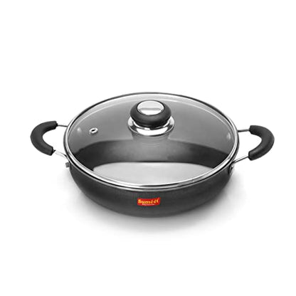 Sumeet Pre Seasoned Iron Kadai 2.5mm Thick with Glass Lid (Double Side Handle) 22.8 cm, 2.3Ltr