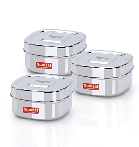 Sumeet Stainless Steel Square Storage containers Box/Dabba for Kitchen, Set of 3Pcs, 550ml, 11cm Dia, Silver