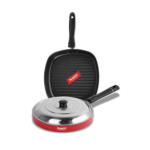 Sumeet 2.6mm Thick Non-Stick Vivid Red Cookware Set (Grill Pan – 1.1Ltr Capacity – 22cm Dia + Pizza Pan – 23cm Dia)