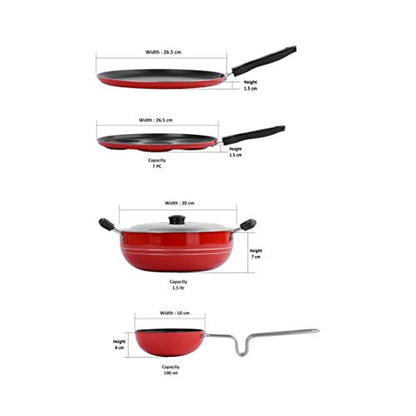 Sumeet 2.6mm Thick Non-Stick Ronga Cookware Set (Dosa Tawa – 26.5cm Dia + Multi Snack Maker – 26.5cm Dia + Kadhai with Lid – 1.5Ltr Capacity- 20cm Dia + Tadka Pan – 10cm Dia)