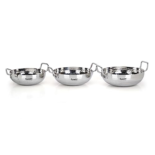 Sumeet Stainless Steel Handcrafted Hammered Mathar Kadai for Kitchen, 1700ML, 2250ML & 2850ML, 20cm, 22cm & 24cm Dia, Pack of 3, Silver