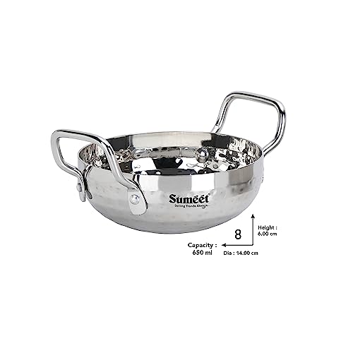 Sumeet Stainless Steel Handcrafted Hammered Mathar Kadai for Kitchen, Small Size, 650ML, 14cm Dia, Pack of 1, Silver