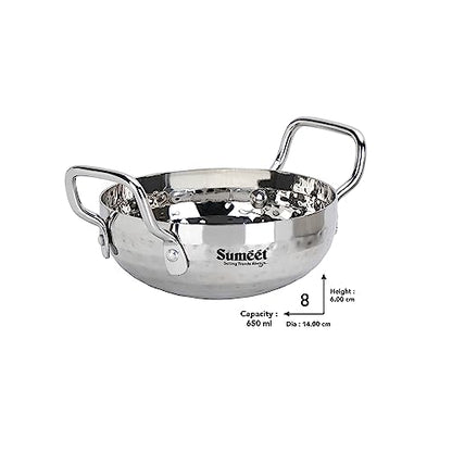 Sumeet Stainless Steel Handcrafted Hammered Mathar Kadai for Kitchen, Small Size, 650ML, 14cm Dia, Pack of 1, Silver