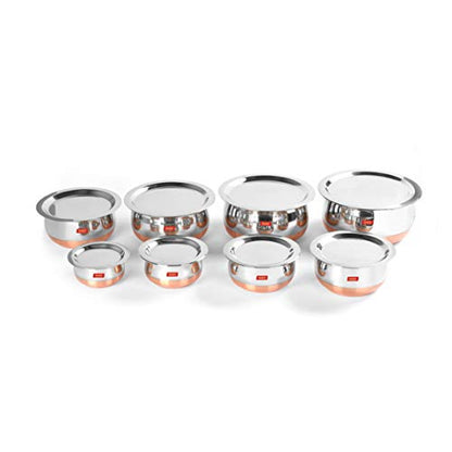 Sumeet Stainless Steel Copper Bottom Belly Shape 8 Pc Tope / Cookware/ Pot Set with Lid 380ML, 500ML, 780ML, 1.1Ltr, 1.4Ltr, 1.75Ltr, 2.4Lt, 3.LTR (Silver)