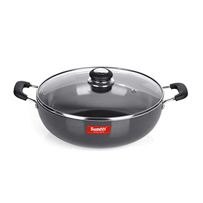 Sumeet 3mm Hard Anodized Deep kadai with Glass Lid Big Size No. - 15 (28.5cm Dia. 4.5 LTR Capacity)