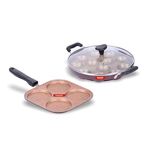 Sumeet Nonstick Granite Finish Edge Combo Set (Mini Multi Snack Maker - 4 Cavity - 19.5cm Dia + Grill Appam Patra with Glass Lid - 12 Cavity - 23cm Dia)