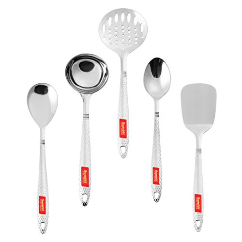 Sumeet Stainless Steel Big Serving and Cooking Spoon Set of 5pc (1 Turner, 1 Serving Spoon, 1 Skimmer, 1 Basting Spoon, 1 Ladle)