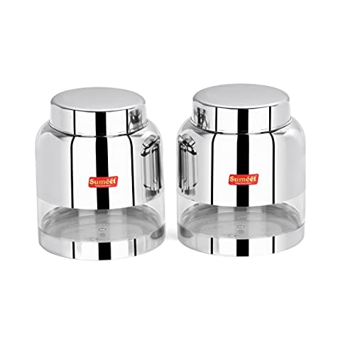 Sumeet Stainless Steel Circular See Through / Transparent Storage Container, Set of 2Pc, 1 Ltr each, 11.4 cm Dia, Silver