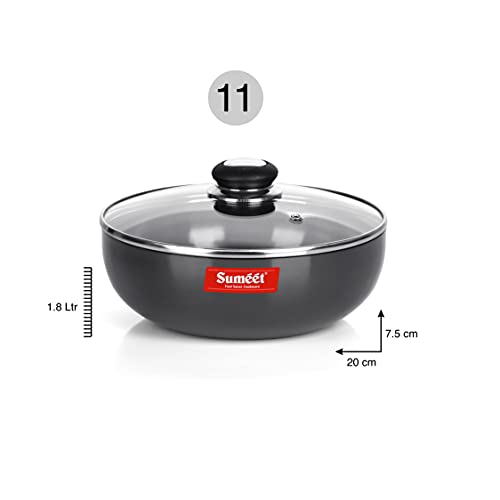 Sumeet 3mm Hard Anodized Deep Tasla with Glass Lid Size No. - 11 (20cm Dia. 1.8 LTR Capacity)