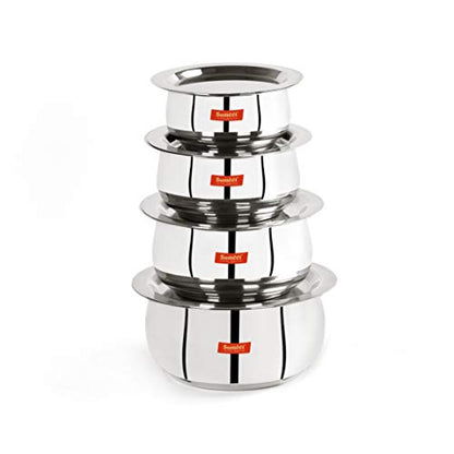 Sumeet Stainless Steel Belly Shape 4 Pc Tope / Cookware/ Pot Set with Lid 380ML, 500ML, 780ML, 1.1Ltr, (Silver)