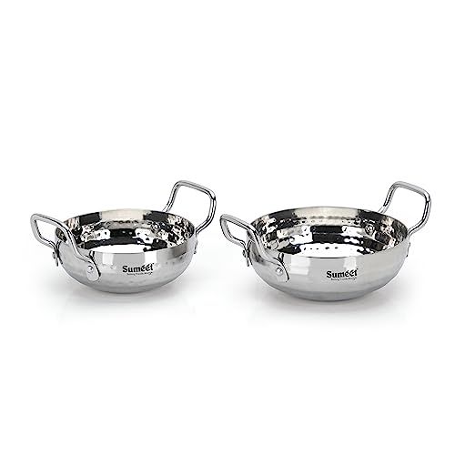 Sumeet Stainless Steel Handcrafted Hammered Mathar Kadai for Kitchen, Small Size, 450ML & 650ML, 12cm & 14cm Dia, Pack of 2, Silver