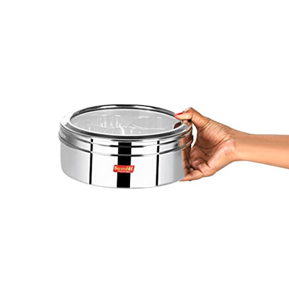 Sumeet Stainless Steel Round Masala (Spice) Box/Organiser with See Through Lid With 7 Containers and Small Spoon Size 11 (1.5Ltr) (18.5cm)