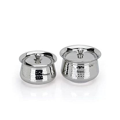 Sumeet Stainless Steel Handcrafted Hammered Texture Handi Set with Lid for Kitchen, Set of 2, 1300ml & 1700ml, Silver