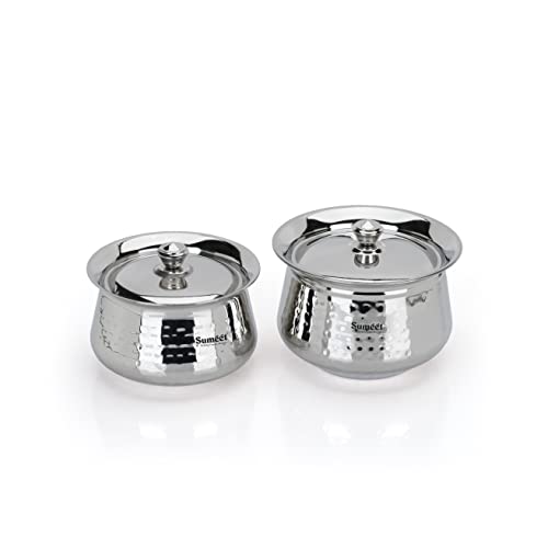 Sumeet Stainless Steel Handcrafted Hammered Texture Handi Set with Lid for Kitchen, Set of 2, 950ml & 1300ml, Silver